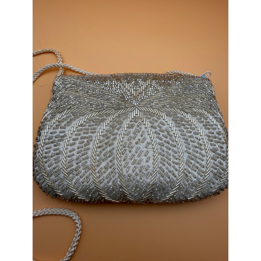 Vintage 1984 Gallery Originals Silver Beaded Evening Bag Crossbody  Clutch